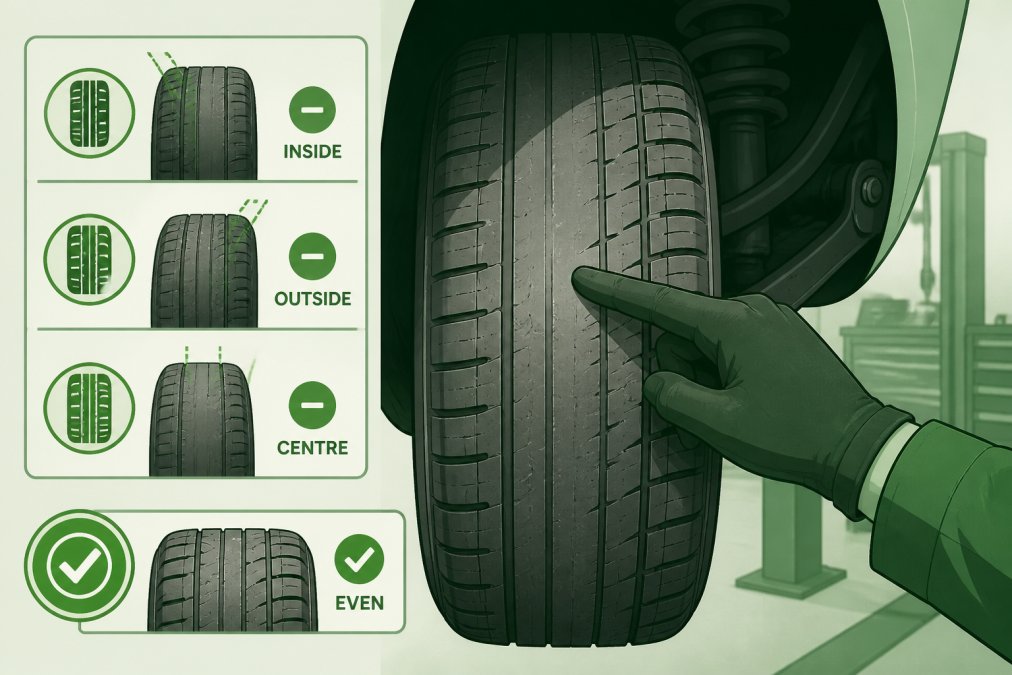 Close-up of worn vehicle tire tread showing uneven wear patterns and damage, with mechanic's hand pointing to the wear area under workshop lighting