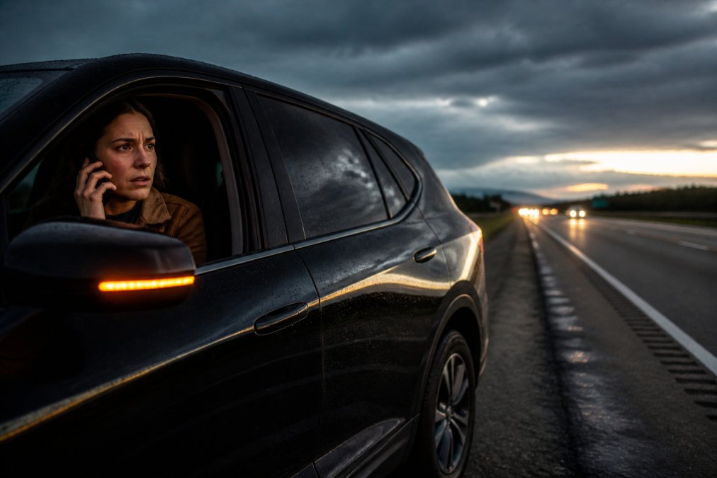 Driver sitting in an electric vehicle on the shoulder of a highway near Tulsa, holding a smartphone to call for roadside assistance, with hazard lights flashing and a concerned expression