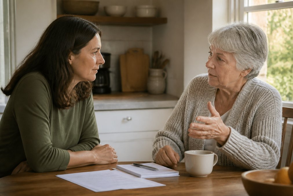 Adult daughter and aging mother sitting together at a wooden kitchen table with warm afternoon light, papers and a cup of coffee between them, having a calm conversation while the mother gestures thoughtfully