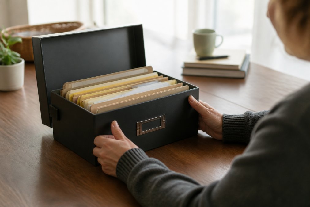 Hands holding a tablet displaying a digital vault interface with organized folders labeled "Financial," "Health Directives," and "Family Letters," with a secure lock icon visible, sitting at a desk with soft natural light