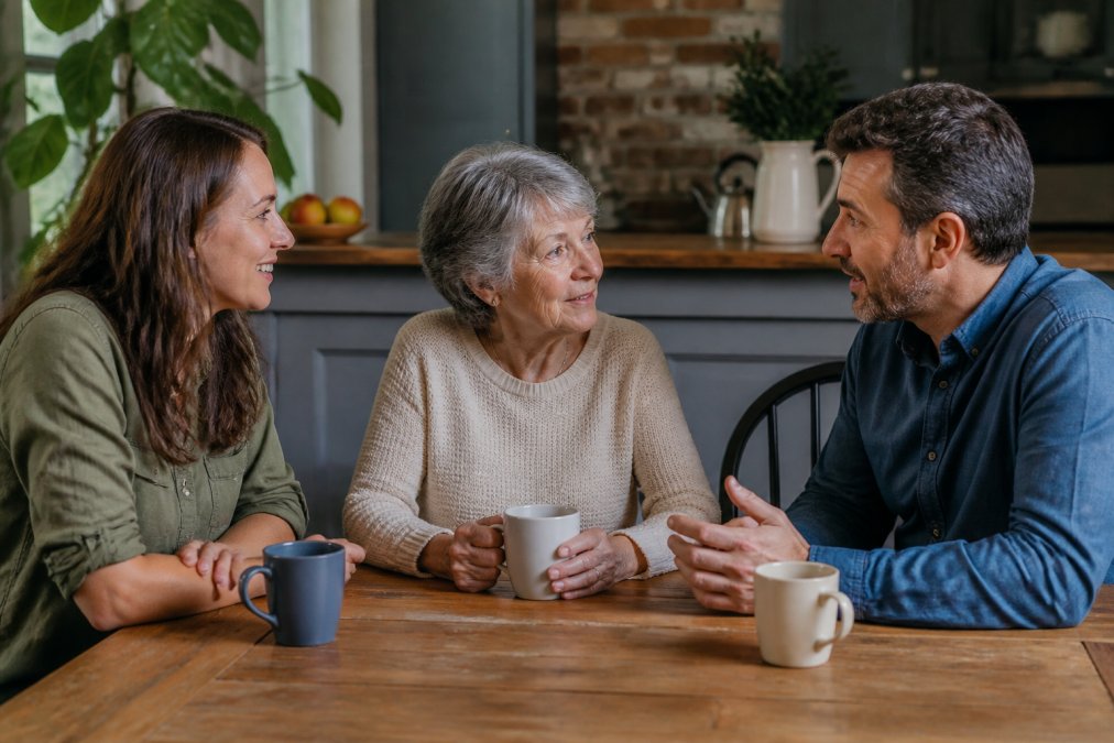 Adult children and aging parent sitting together at a kitchen table having a calm conversation with warm lighting and coffee nearby, comfortable home setting