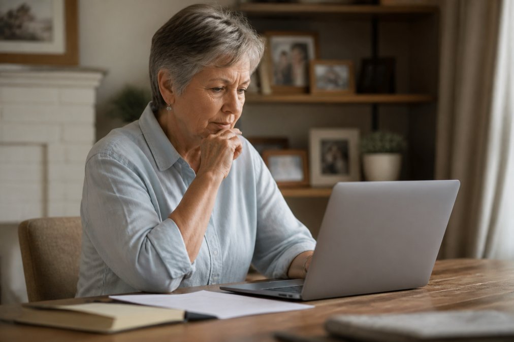 Older adult using a laptop at home looking thoughtful and focused, with family photos visible on a shelf in the background