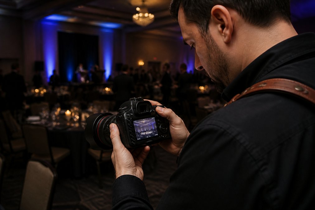 Professional photographer adjusting camera settings and reviewing images on the back of a DSLR at an indoor event with challenging low-light conditions, carefully examining the exposure histogram