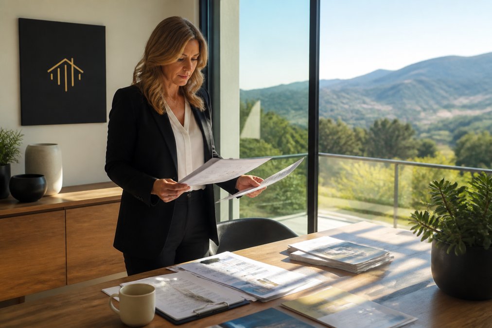 Real estate professional reviewing property documents and market data on a tablet while standing in a modern home office with large windows overlooking the landscape