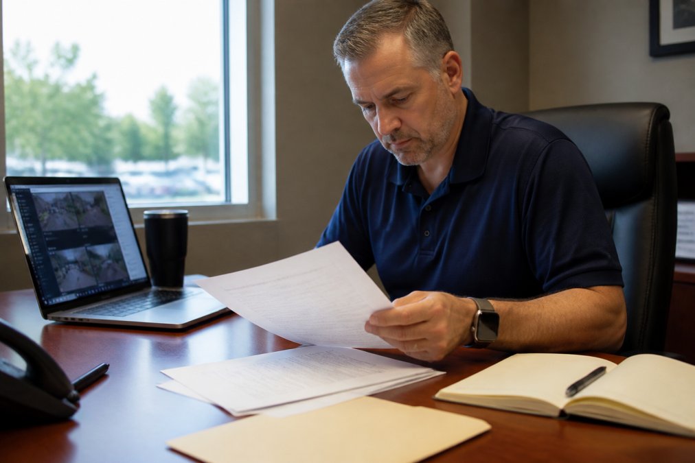 Facility manager reviewing documents to evaluate security integrator service agreements at a desk