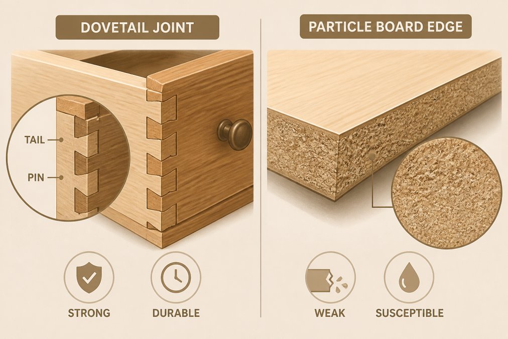 Close-up of wooden furniture joints showing dovetail construction detail next to particle board edge comparison under natural lighting