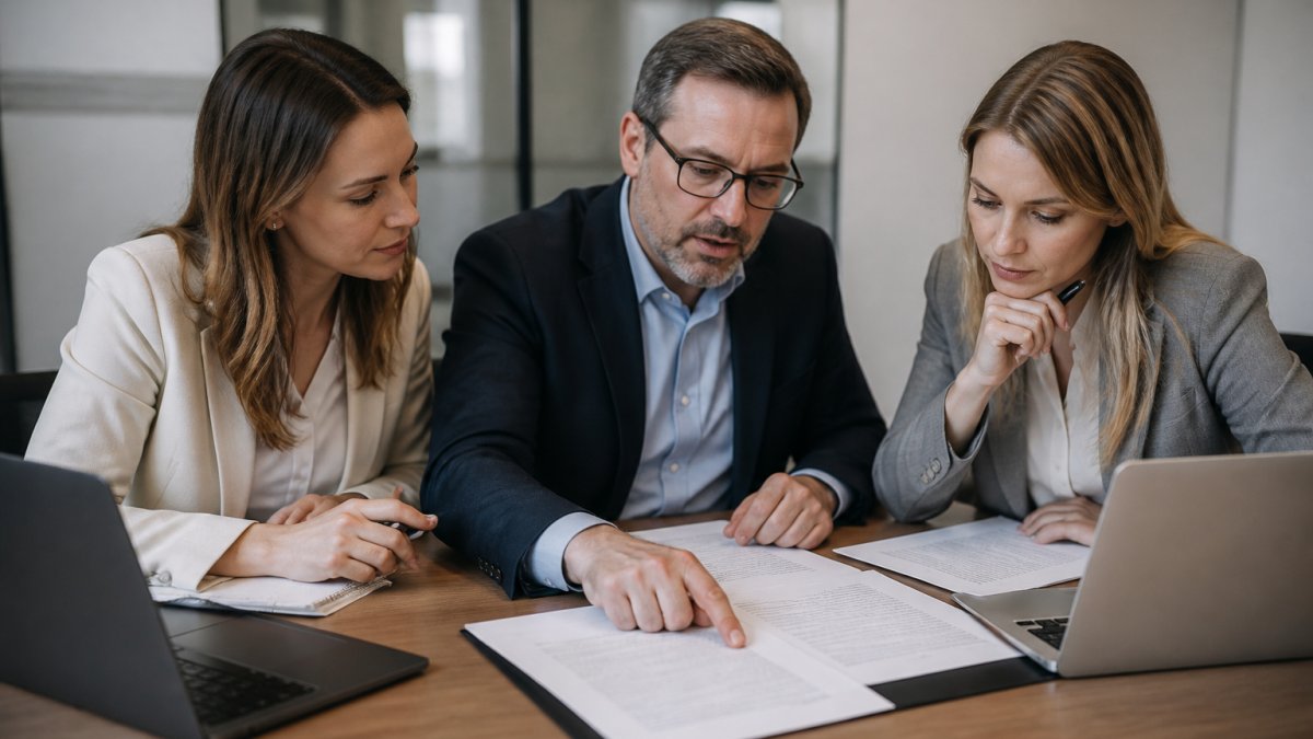 Two procurement specialists and a legal advisor reviewing contract documents at a conference table, one pointing at a clause on a printed page, laptops open nearby