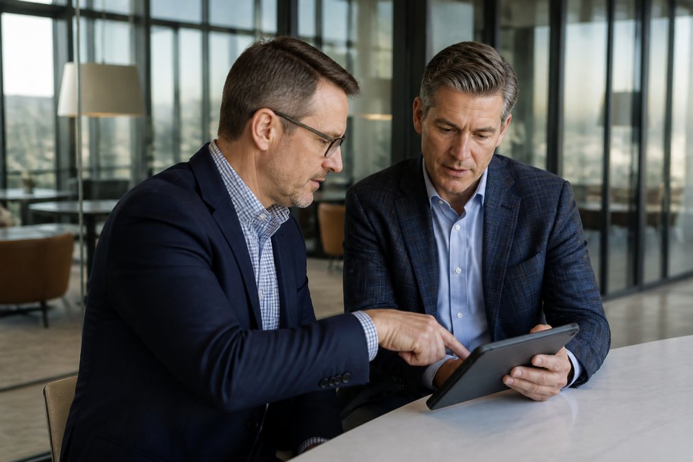 Two financial advisors reviewing a tablet with performance dashboards in a modern, glass-walled office, with one pointing to a metric on the screen