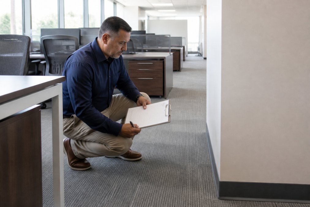 Professional facility manager with clipboard conducting walkthrough inspection of clean office space, examining desk surfaces and baseboards under natural office lighting, taking notes