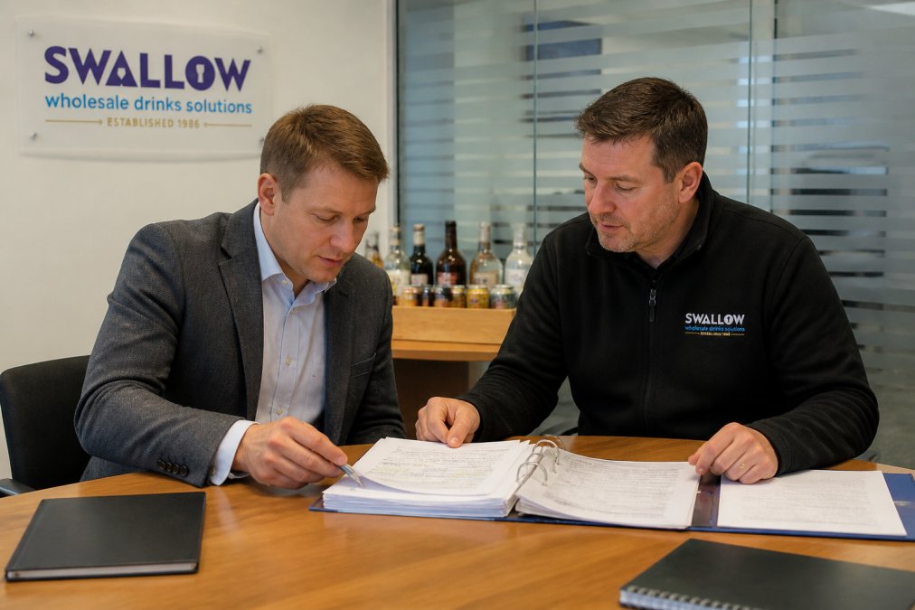 Hotel manager reviewing drink distribution contracts with a wholesale supplier in a modern office
