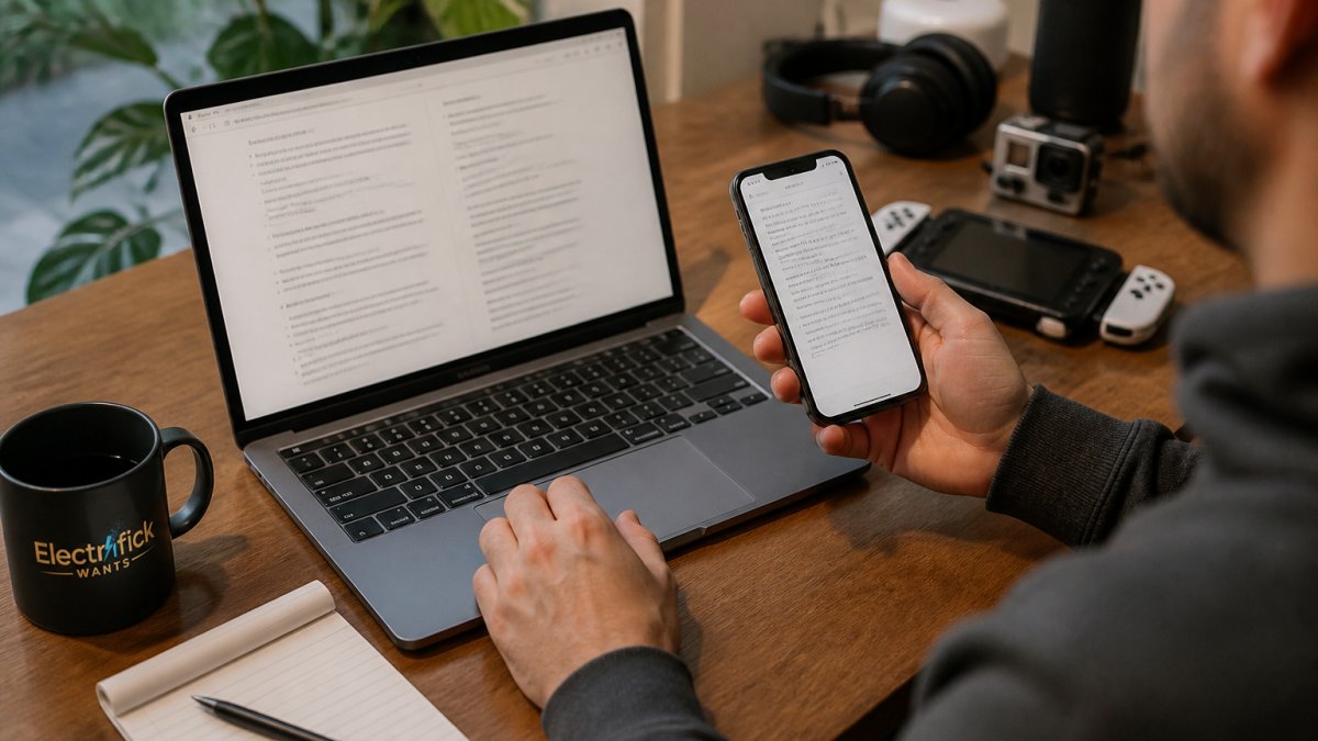 A person holding a smartphone next to an open laptop, comparing return policy details on both screens, with a notepad and pen on a wooden desk