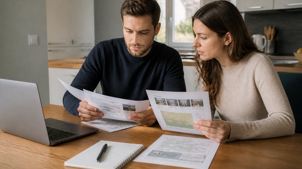 First-time homebuyer couple reviewing property documents and environmental checklist at a kitchen table with laptop, notepad, and printed reports in natural daylight