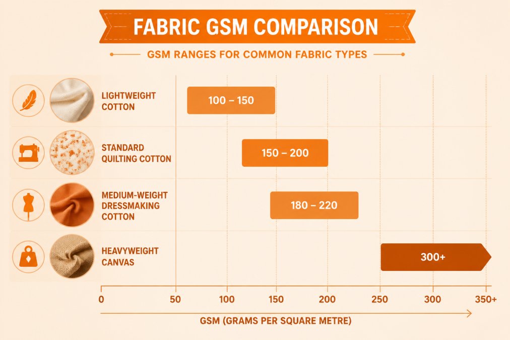 Bar chart comparing GSM ranges for common fabric types: lightweight cotton (100-150 GSM), standard quilting cotton (150-200 GSM), medium-weight dressmaking cotton (180-220 GSM), heavyweight canvas (300+ GSM)
