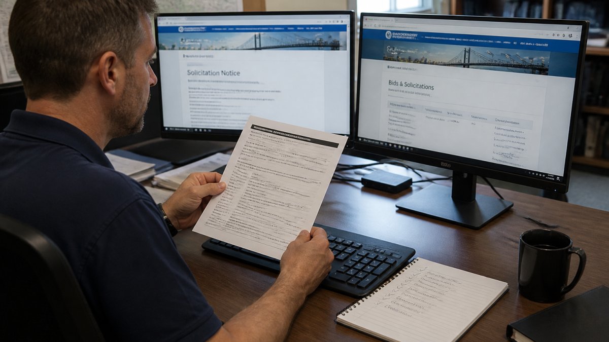 Process flow for verifying government solicitations to ensure bid platform data accuracy before committing a team.