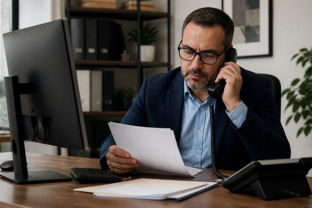 Insurance broker at desk with computer and phone, reviewing policy documents with focused attention, showing active engagement with client work