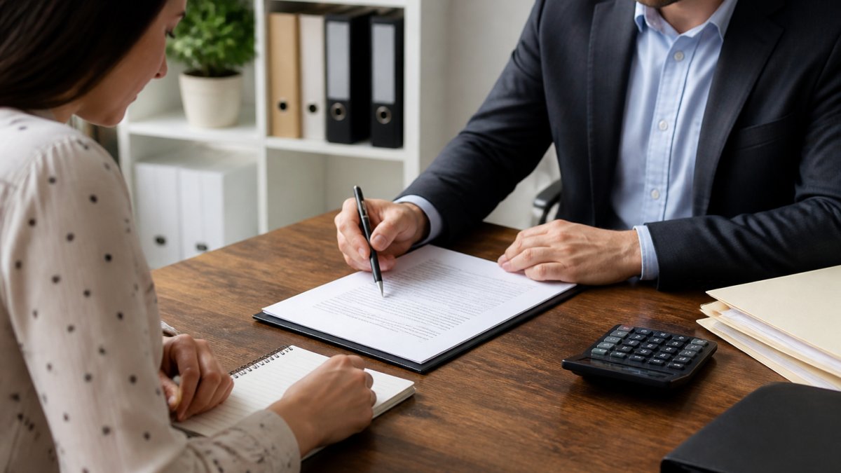 Business owner and attorney reviewing a printed fee proposal across a desk, calculator and notepad nearby, bright office