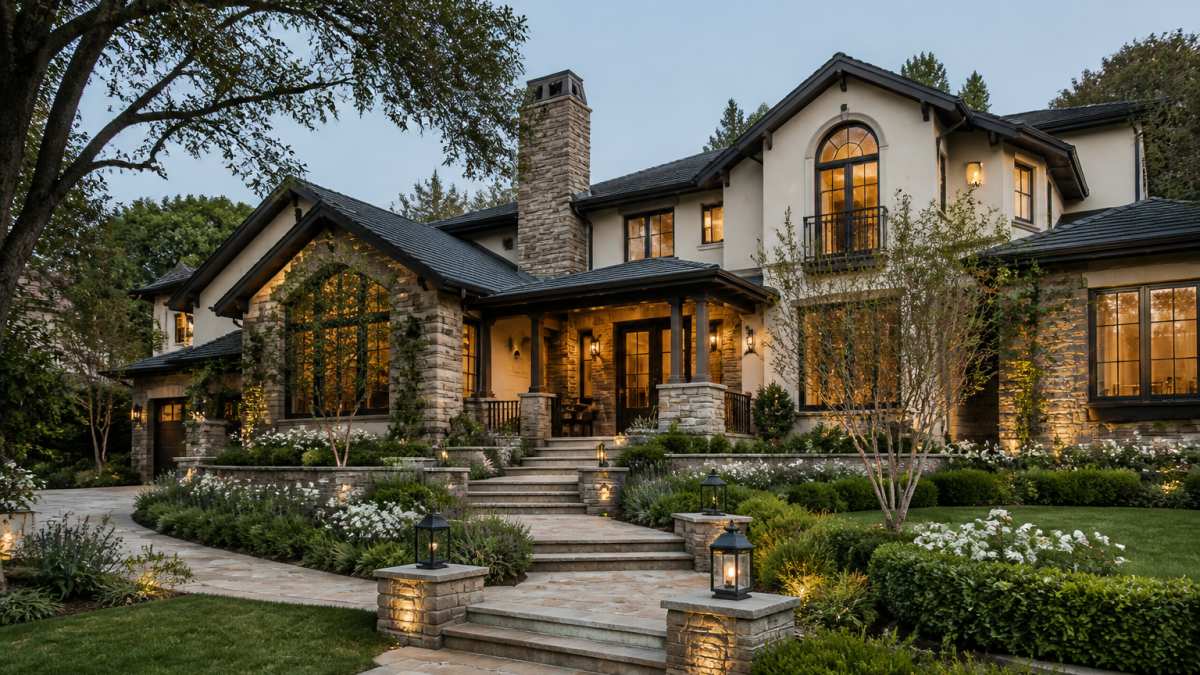 Elegant luxury home exterior with manicured landscaping, architectural details, and natural lighting highlighting premium finishes and stone pathways
