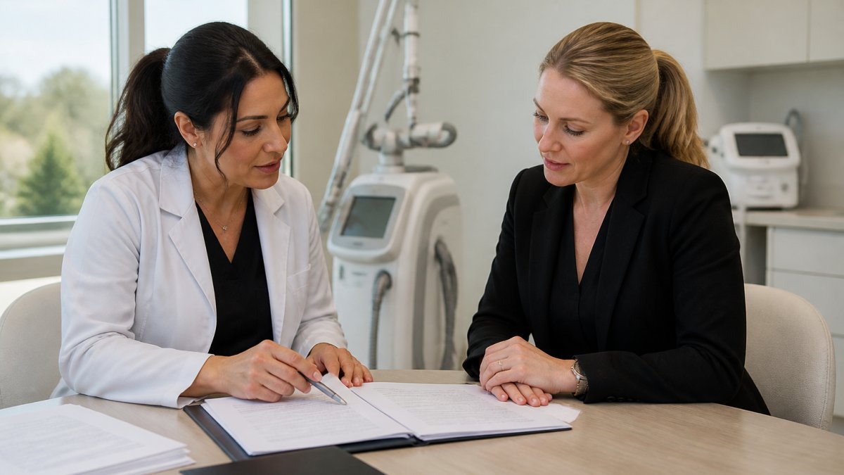 Dermatologist and clinic manager evaluating medical laser equipment maintenance contracts at a desk