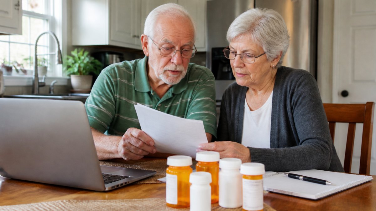 A senior couple sitting at a kitchen table with a laptop, prescription bottles, and a notepad, reviewing Medicare plan documents together