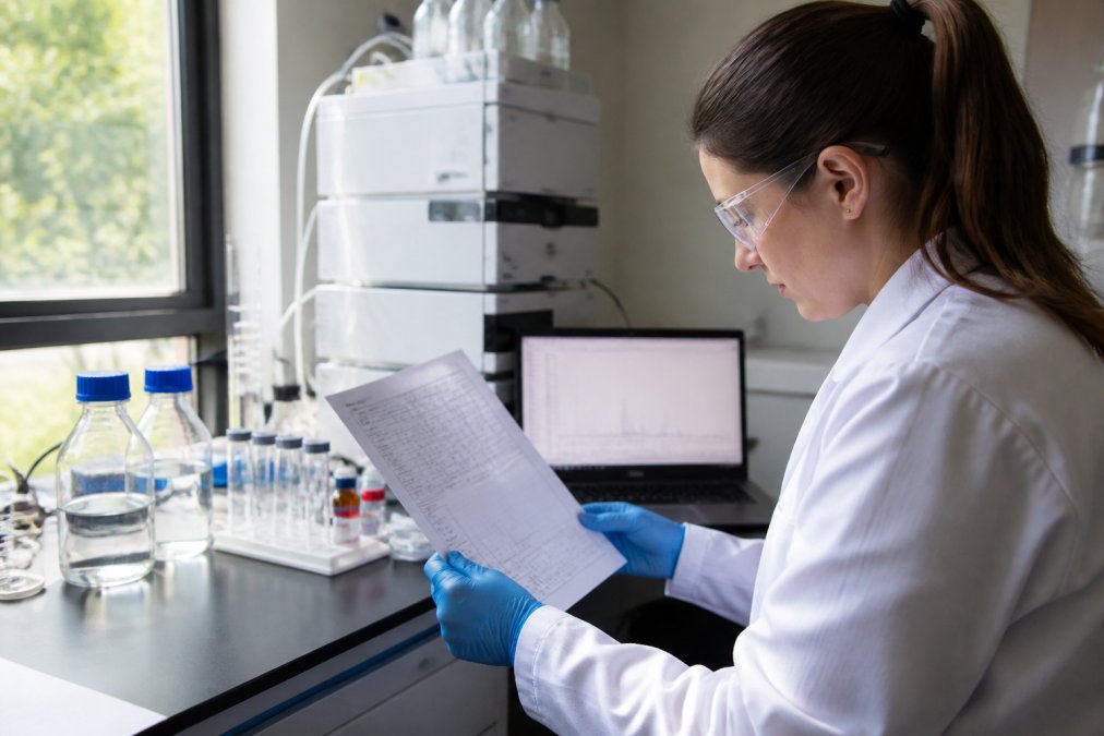 Researcher in white lab coat carefully reviewing a printed Certificate of Analysis document at a laboratory bench, with HPLC equipment and a laptop displaying analytical data visible in the background, natural window lighting