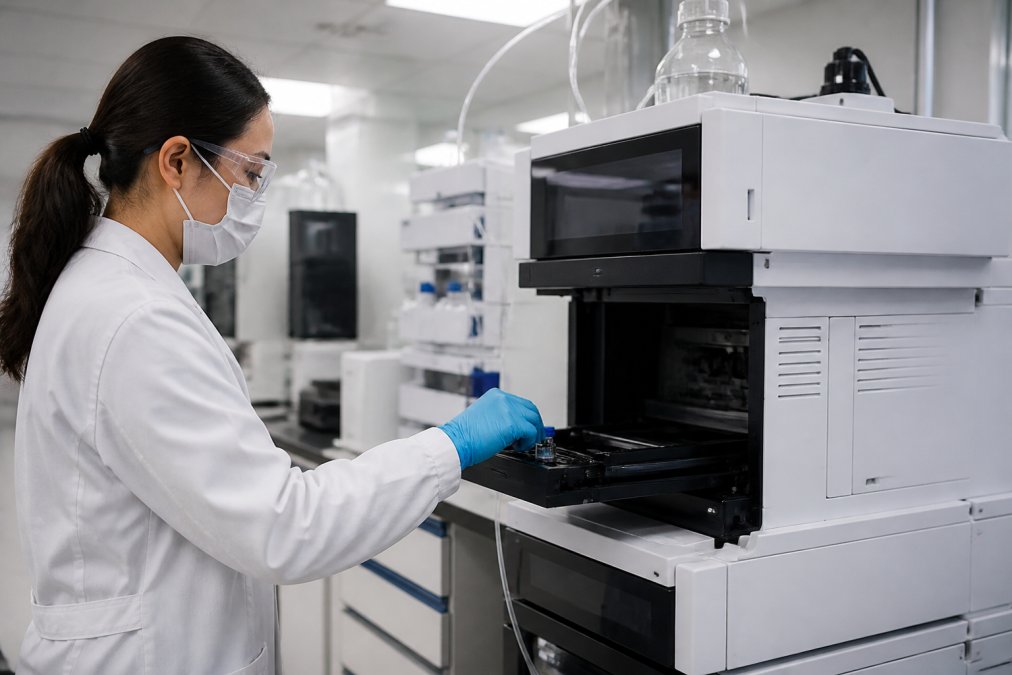 Laboratory technician in protective equipment operating a high-performance liquid chromatography (HPLC) instrument, with a computer screen displaying analytical data and a sample vial visible on the instrument platform, under bright laboratory lighting