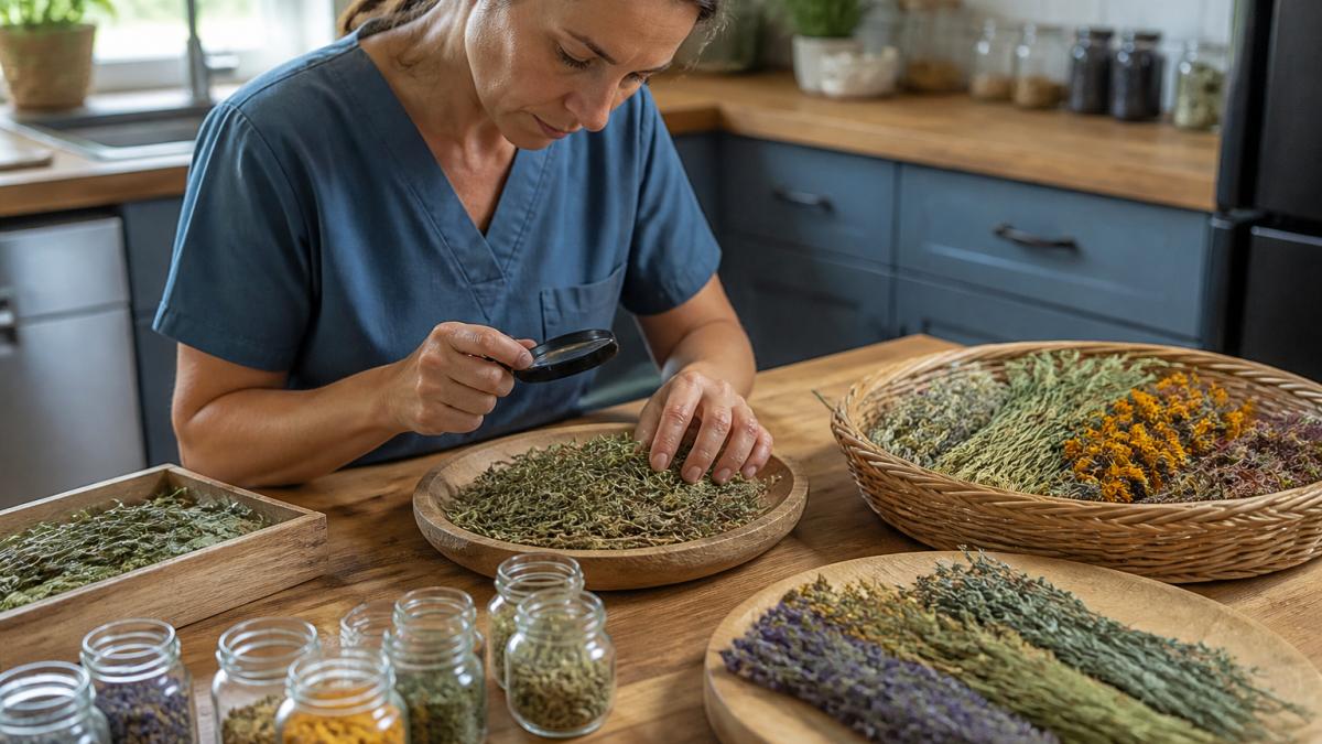 Professional demonstrating evaluating quality standards for herbal remedy sourcing technique in modern clinical setting with natural lighting