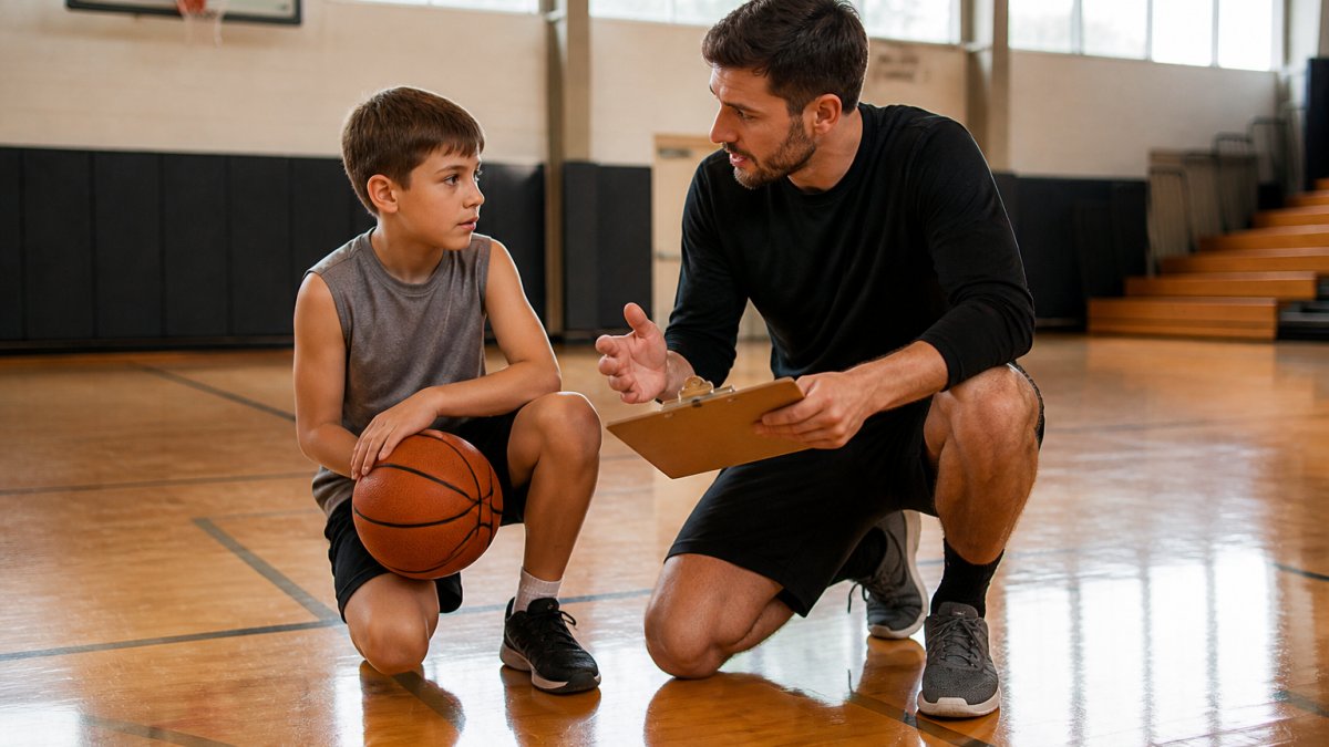 A basketball coach kneeling on a gym court talking one-on-one with a young player holding a basketball, clipboard in hand, natural light from gym windows