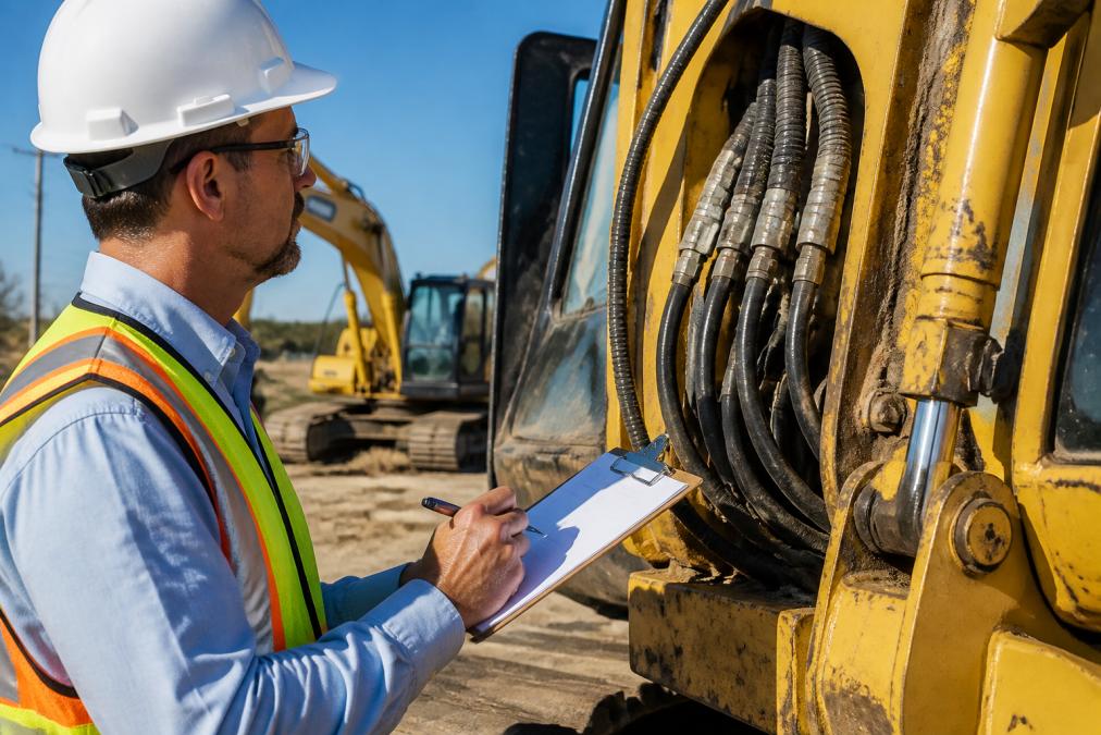 Professional inspector's hands holding clipboard and pen, examining hydraulic hoses and fittings on the side of an excavator in bright daylight, with machinery visible in background