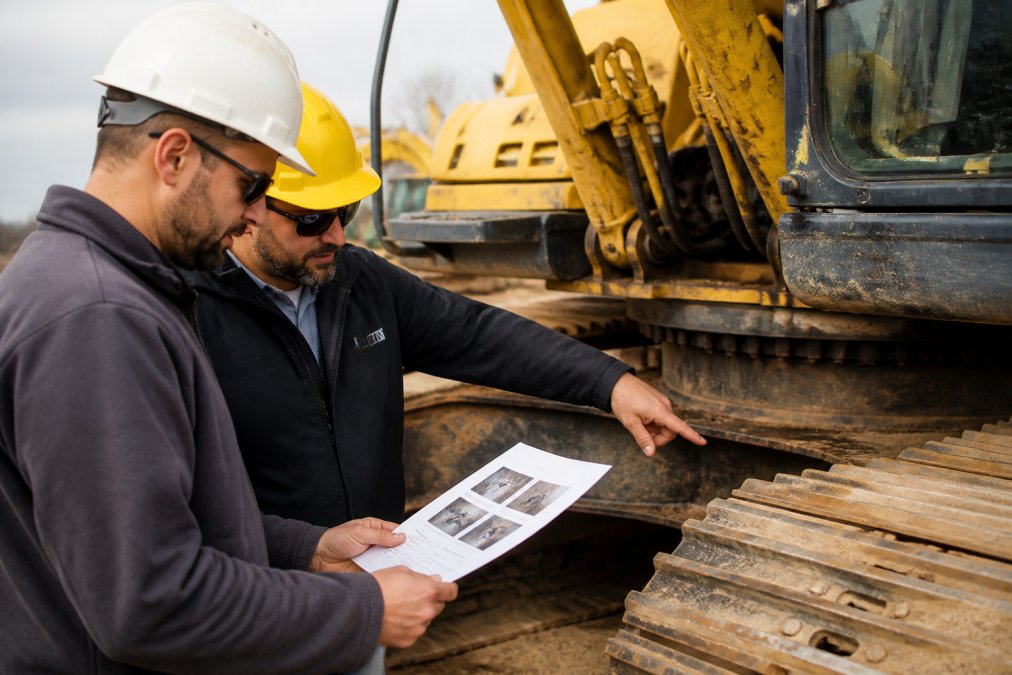 Two equipment managers comparing printed condition report with actual machinery on site, pointing at specific areas of wear and damage, daylight