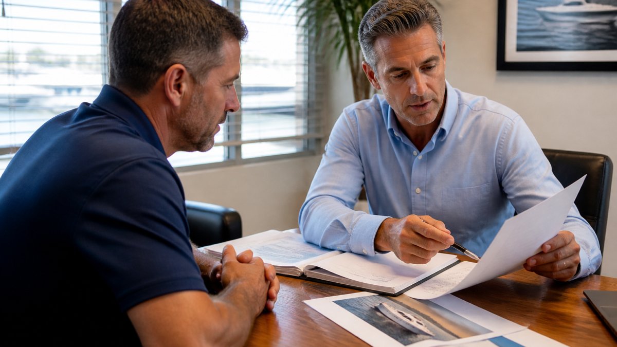 Professional yacht insurance advisor reviewing policy documents with boat owner at desk with laptop and marine survey report, natural office lighting
