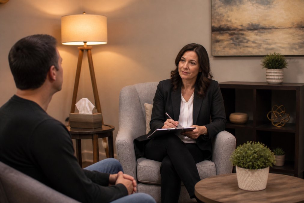 Mental health professional in professional attire conducting a consultation with a client in a private, comfortable consultation room with neutral décor and soft lighting
