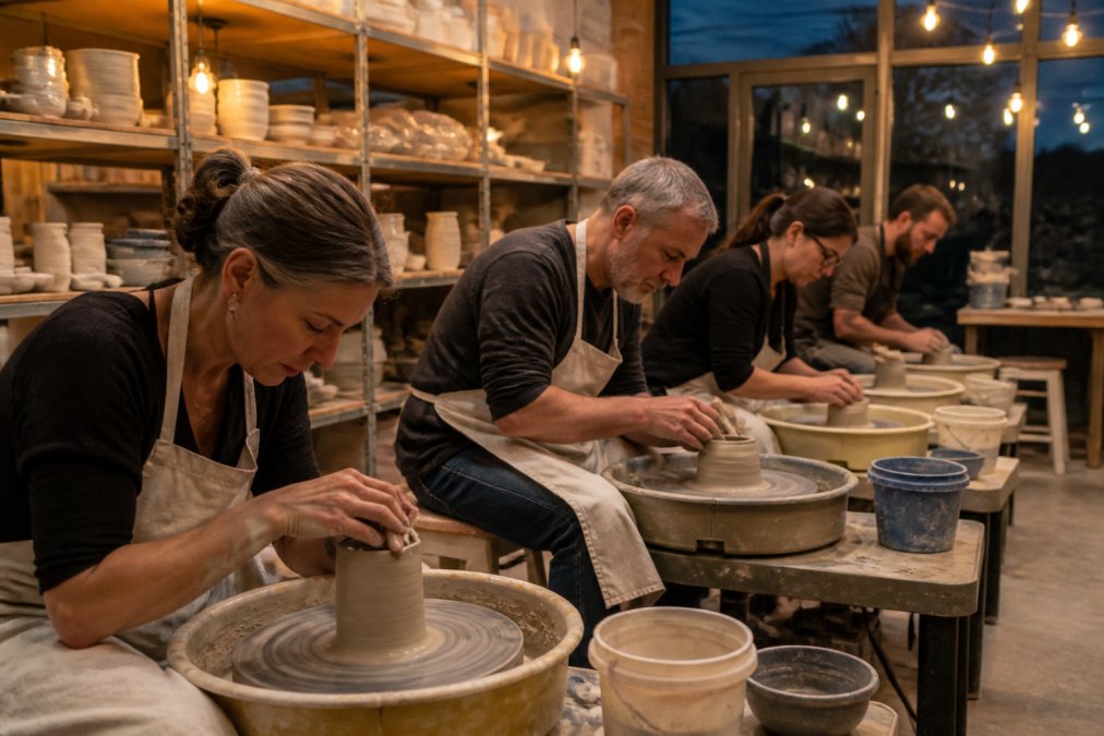 Adults focused on shaping clay at pottery wheels during evening art classes in a warm studio setting.