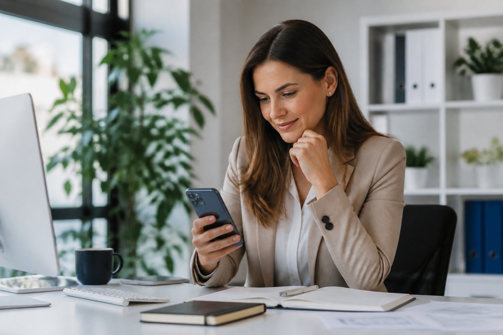 Professional woman at her desk checking her phone calendar with a relieved expression, bright office setting with natural light and modern workspace