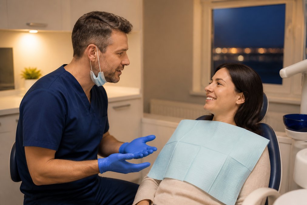 Dentist in clinical attire speaking reassuringly with a patient in the treatment chair, warm and welcoming dental surgery environment with soft lighting