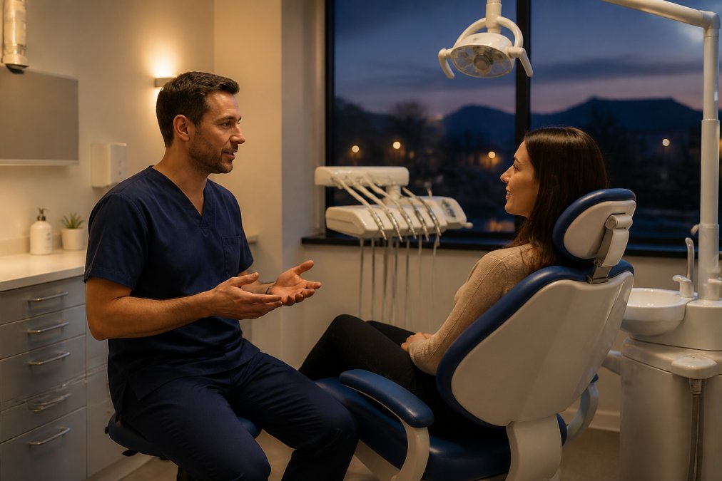 A calm modern dental surgery in the evening, a dentist in scrubs talking with a seated patient under soft warm lighting, dental chair and equipment visible in the background