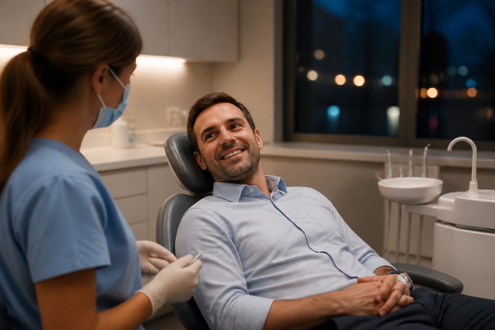 A professional in smart work clothes sitting in a modern dental chair during an evening appointment, with soft clinic lighting and a calm, welcoming atmosphere