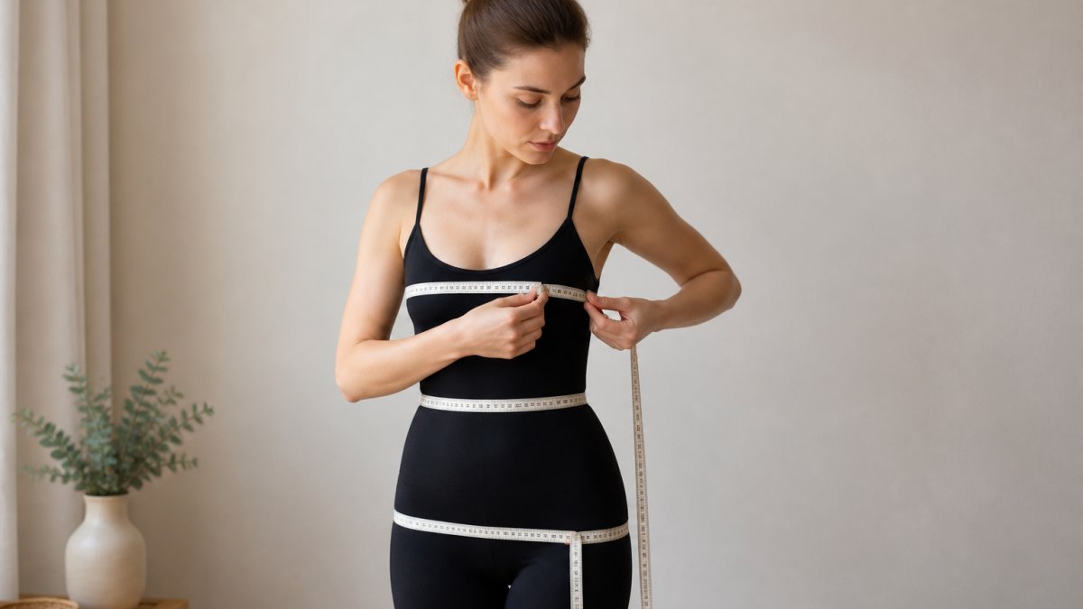 Woman standing against a neutral background taking body measurements with a soft measuring tape, showing proper posture and measurement technique for bust, waist, and hip measurements