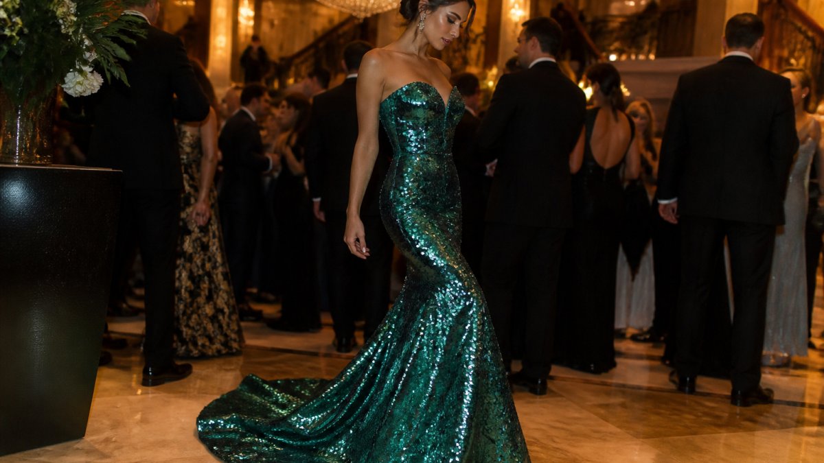 Woman in a sequined evening gown with jewel-toned emerald colour and dramatic mermaid silhouette, photographed under warm chandelier lighting at a formal gala, showcasing how the fabric catches and reflects light with every movement