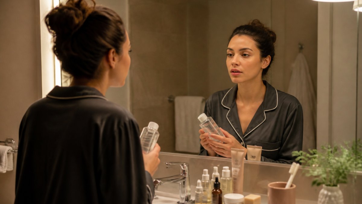 Professional woman at bathroom sink in evening, holding a bottle of cleanser and looking at her reflection in the mirror, with skincare products neatly arranged on the counter