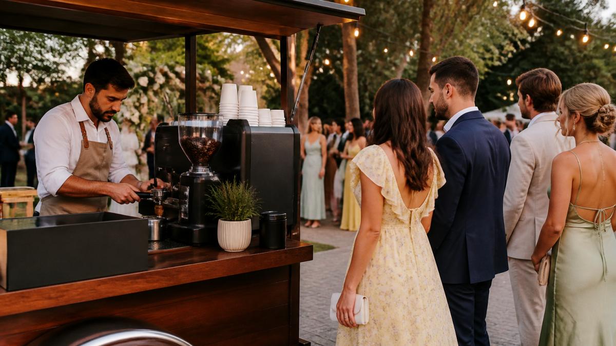 A professional barista in a branded apron pulling an espresso shot at a mobile coffee cart during an outdoor wedding reception, with guests in elegant attire waiting in a short line and string lights overhead