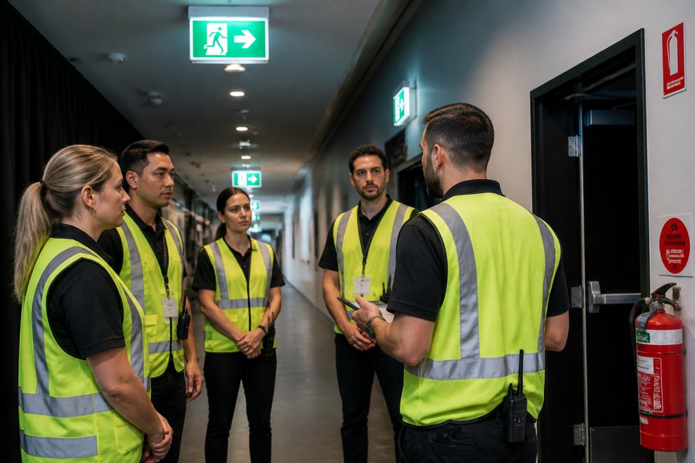 Clearly marked emergency exit signage with illuminated exit lights visible in a modern venue corridor, with safety officers in high-visibility vests conducting a briefing near evacuation route markers