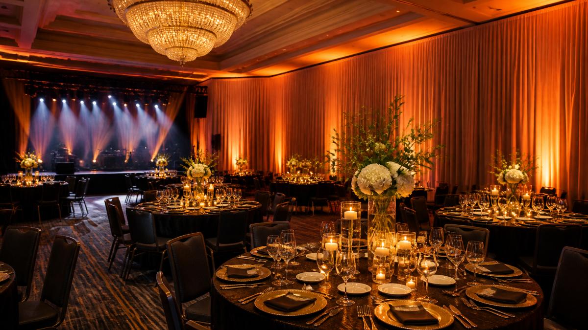 An elegant corporate gala ballroom with warm uplighting on draped walls, round tables with centerpieces, and a lit stage in the background