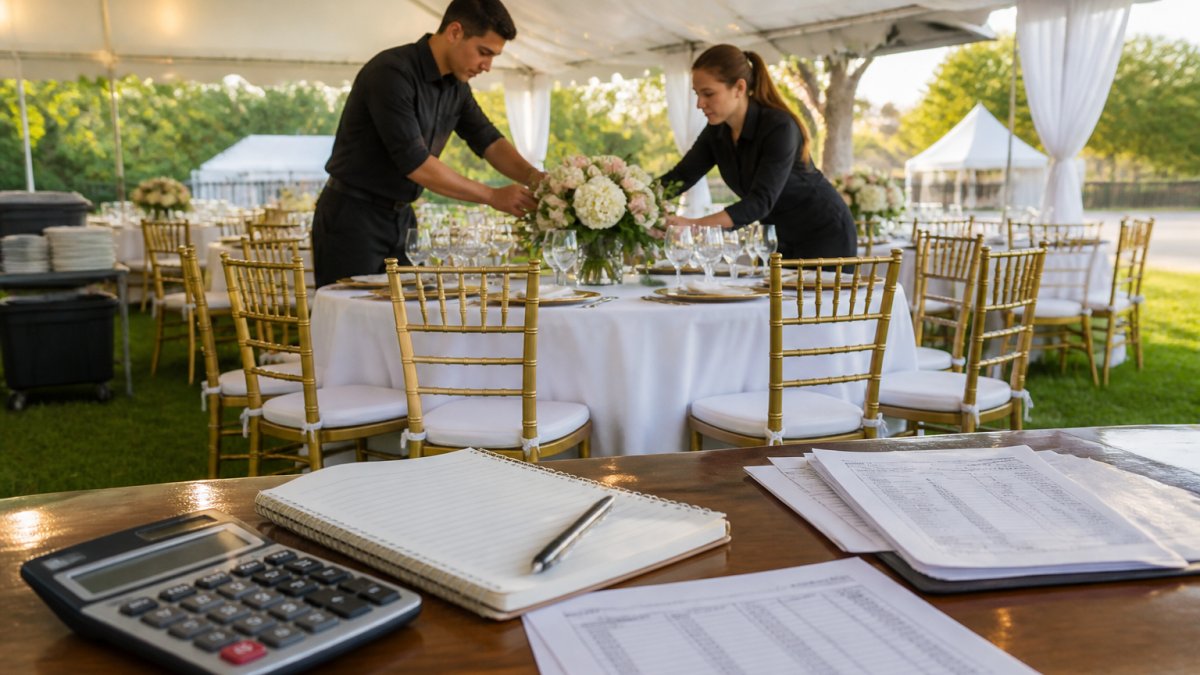 A well-organized outdoor event setup with round tables, white linens, and gold chiavari chairs under a bright white tent, with two people adjusting floral centerpieces in warm afternoon light