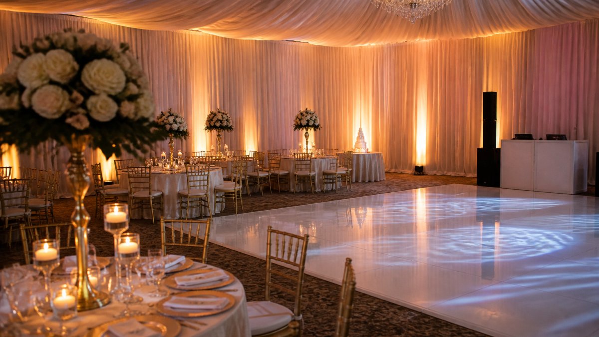 Professional event venue with elegant pipe and drape backdrop system, warm ambient lighting, and draped ceiling creating sophisticated atmosphere for formal celebration