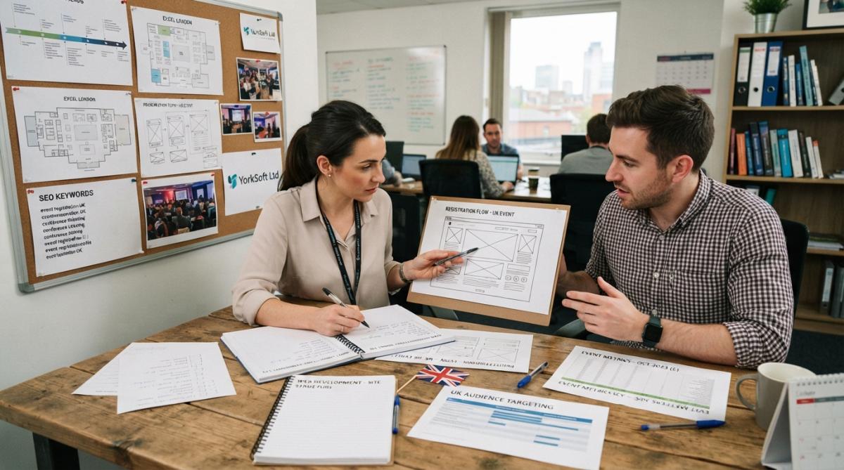 Event organiser reviewing attendee registrations and analytics on a laptop at a modern desk with event planning materials and notebooks visible