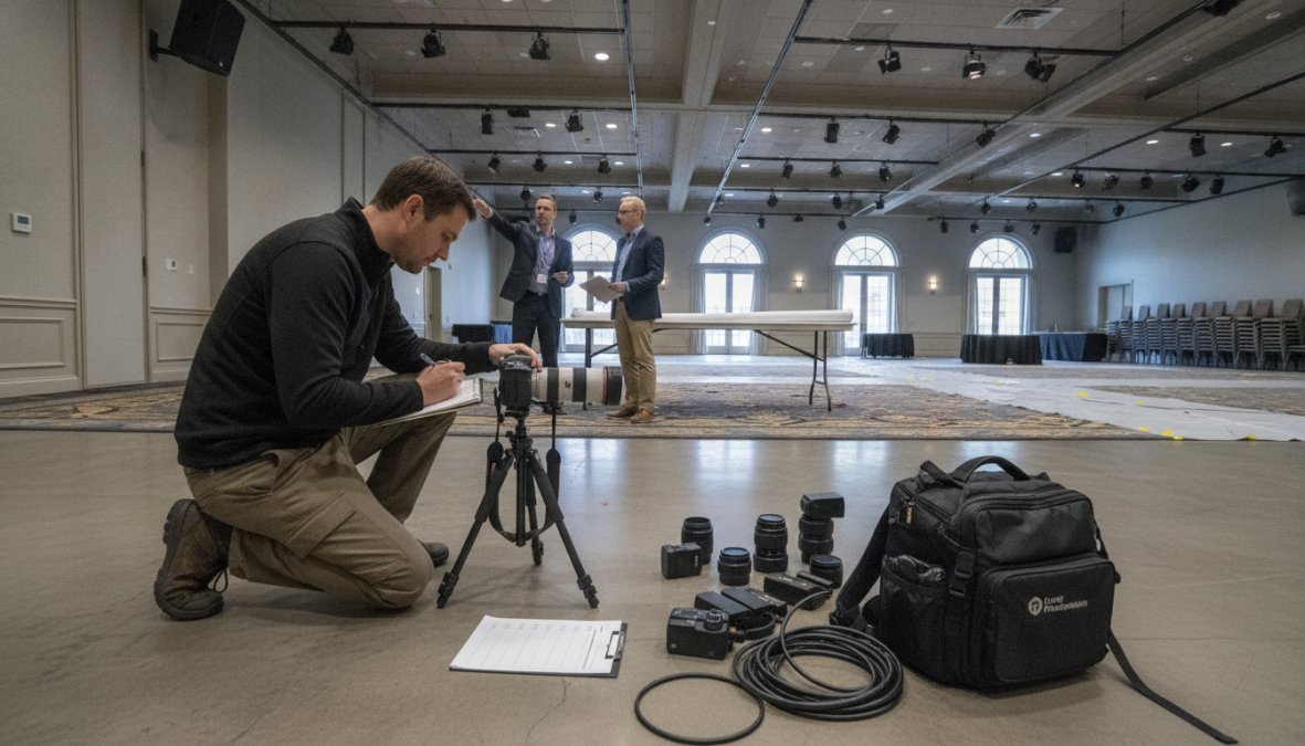 Event planner and professional photographer reviewing a venue space during a walkthrough, checking lighting angles and sightlines with notepad and camera equipment visible