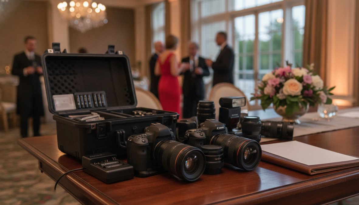 Professional photographer capturing candid moments between guests at an elegant gala, with soft lighting and decorated event space visible in background