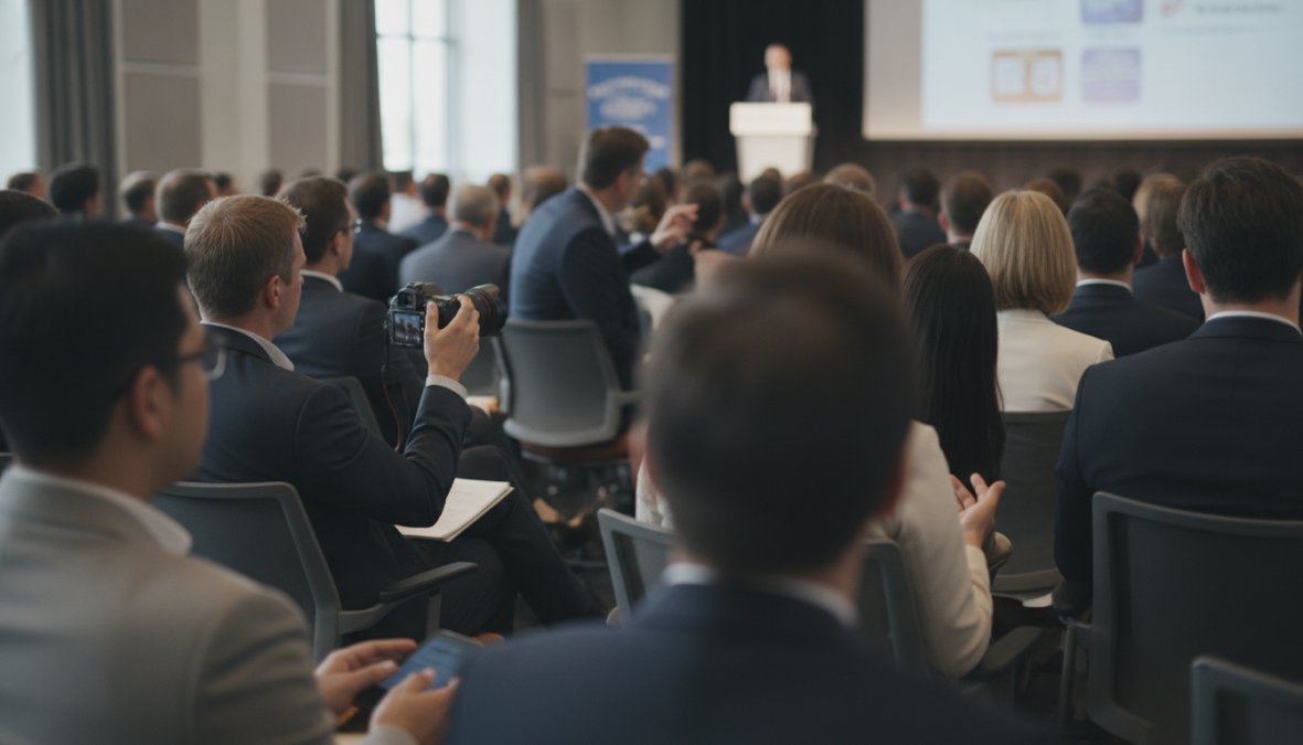 A professional conference photographer positioned at the back of a large convention hall, capturing a keynote speaker illuminated by stage lighting with rows of seated attendees stretching toward the stage