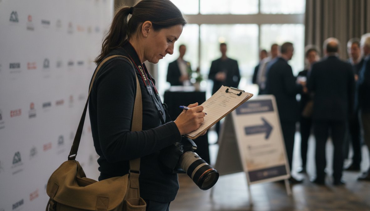 A photographer in event attire reviewing a printed shot list on a clipboard at an event venue, with a step-and-repeat banner and event signage visible in the warm background lighting