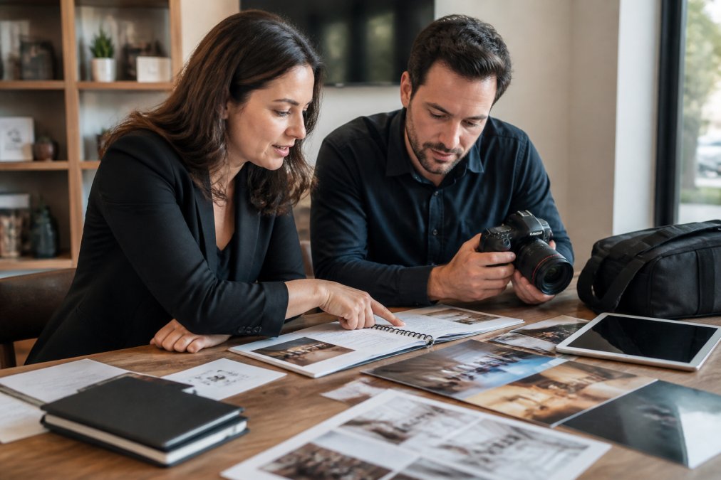 Planner and photographer reviewing an event photography shot list and venue floor plan at a wooden office table